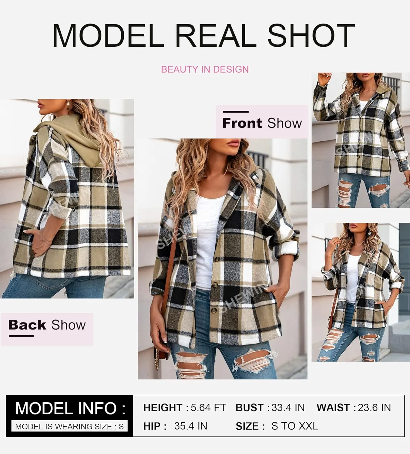 SHEWIN Womens Long Sleeve Button Down Plaid Shirts Flannel Hooded Shacket Jacket Hoodie Coats