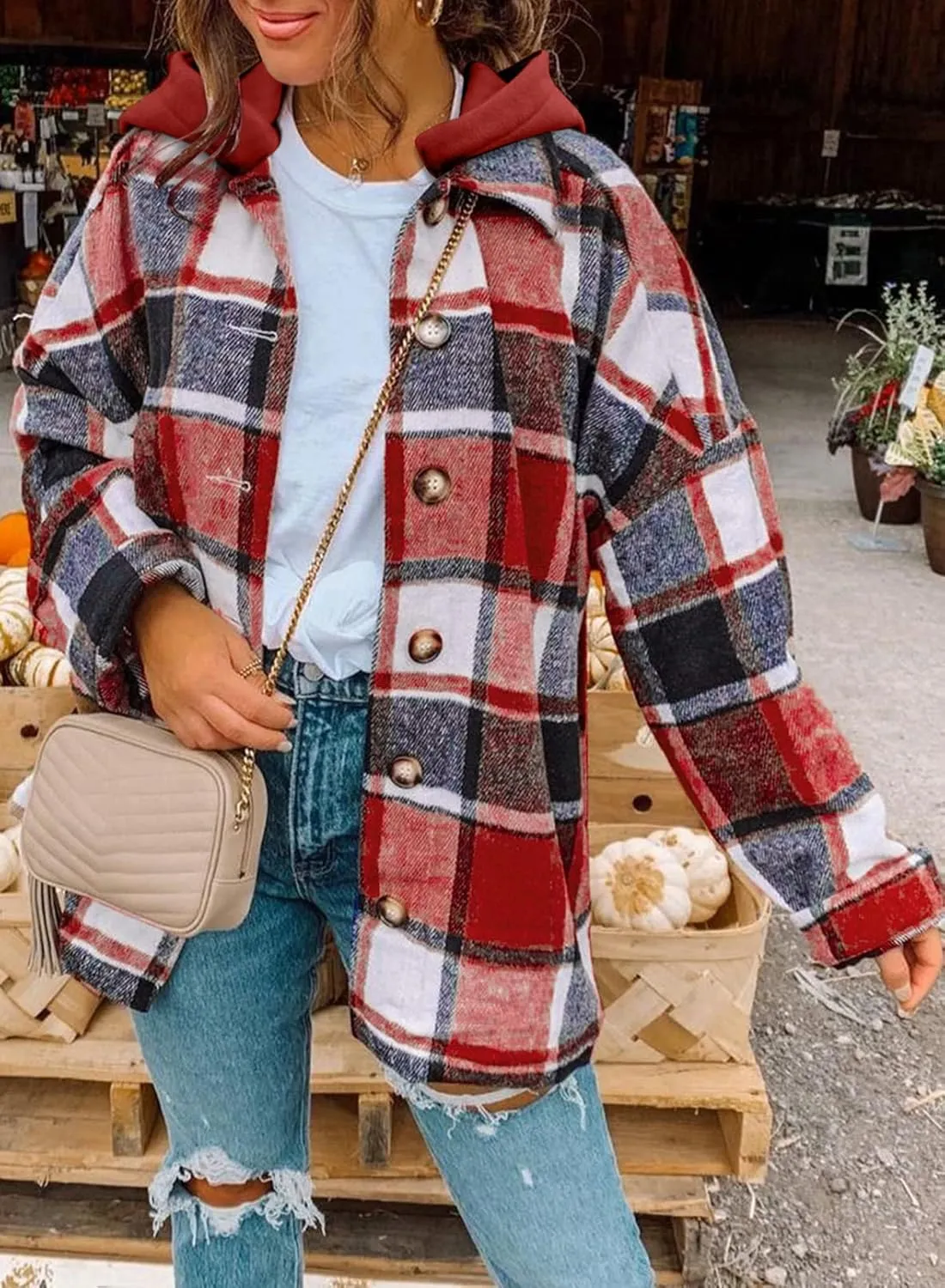 SHEWIN Womens Long Sleeve Button Down Plaid Shirts Flannel Hooded Shacket Jacket Hoodie Coats
