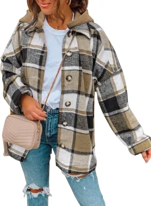 SHEWIN Womens Long Sleeve Button Down Plaid Shirts Flannel Hooded Shacket Jacket Hoodie Coats