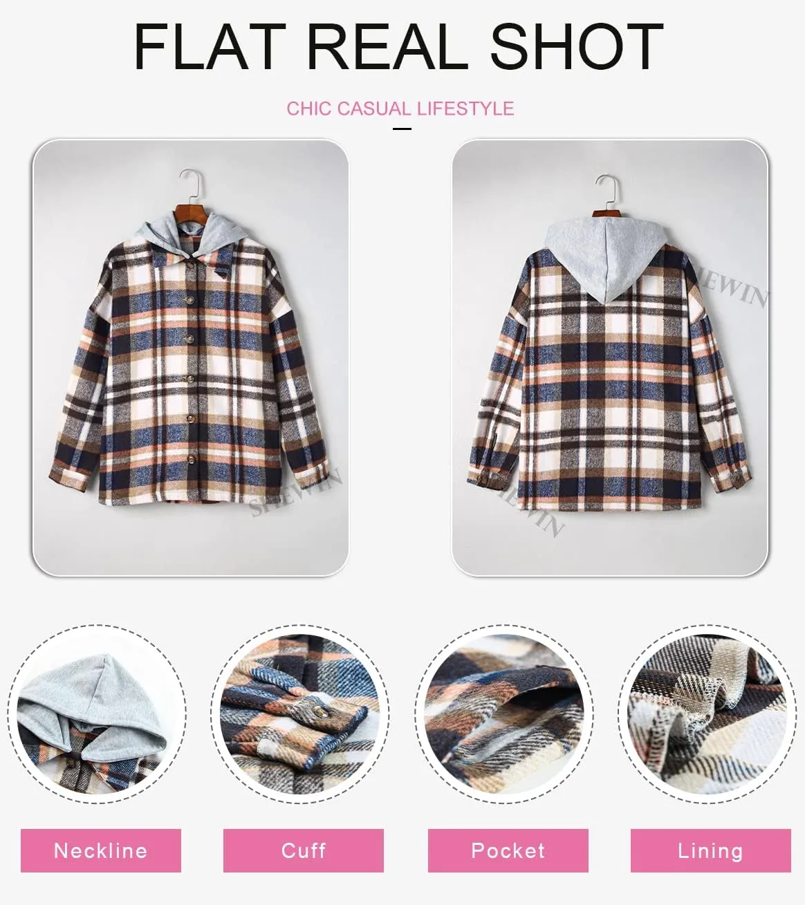 SHEWIN Womens Long Sleeve Button Down Plaid Shirts Flannel Hooded Shacket Jacket Hoodie Coats