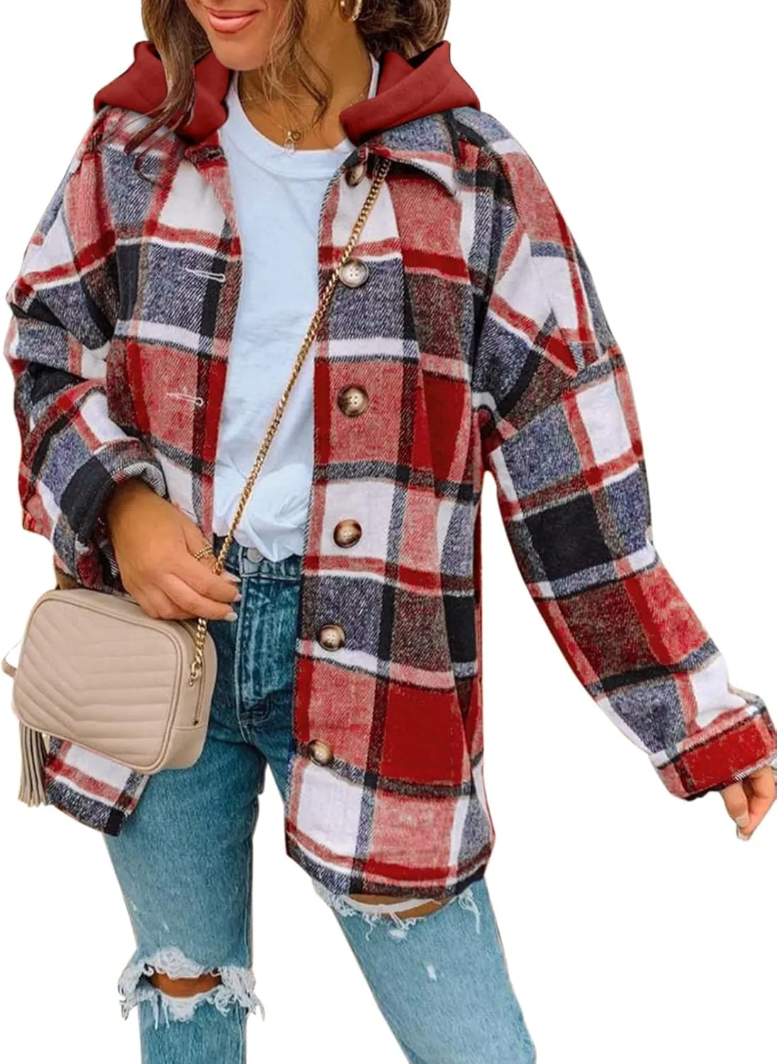 SHEWIN Womens Long Sleeve Button Down Plaid Shirts Flannel Hooded Shacket Jacket Hoodie Coats