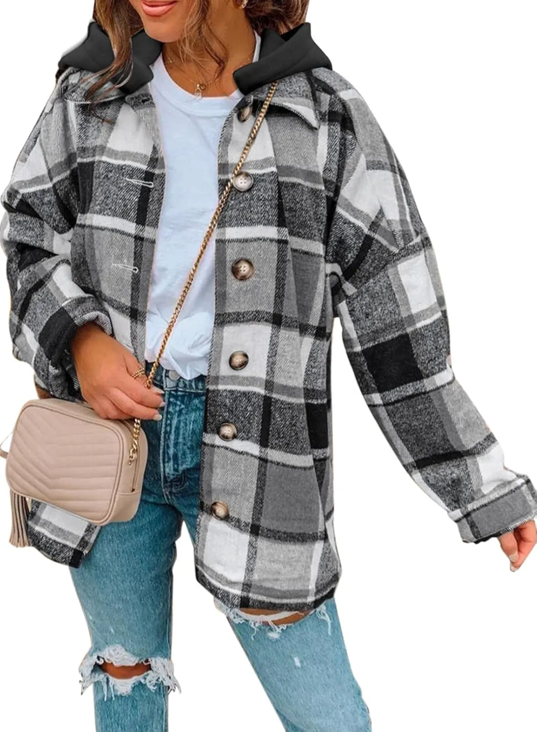 SHEWIN Womens Long Sleeve Button Down Plaid Shirts Flannel Hooded Shacket Jacket Hoodie Coats