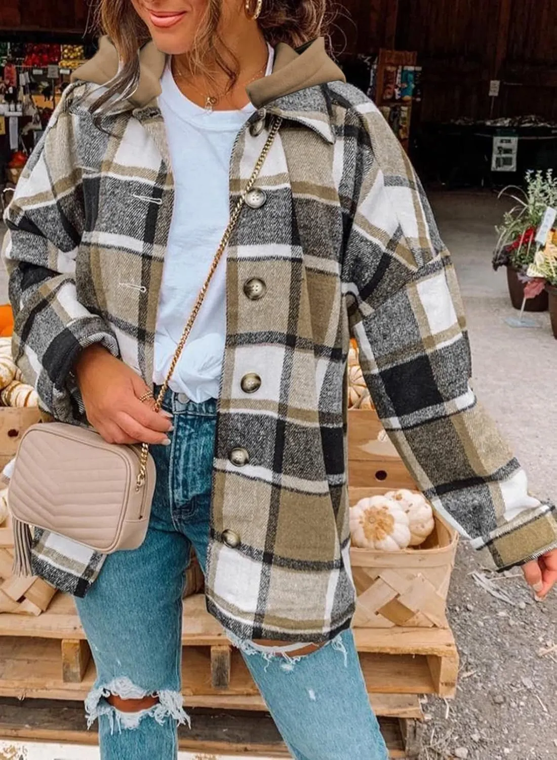 SHEWIN Womens Long Sleeve Button Down Plaid Shirts Flannel Hooded Shacket Jacket Hoodie Coats