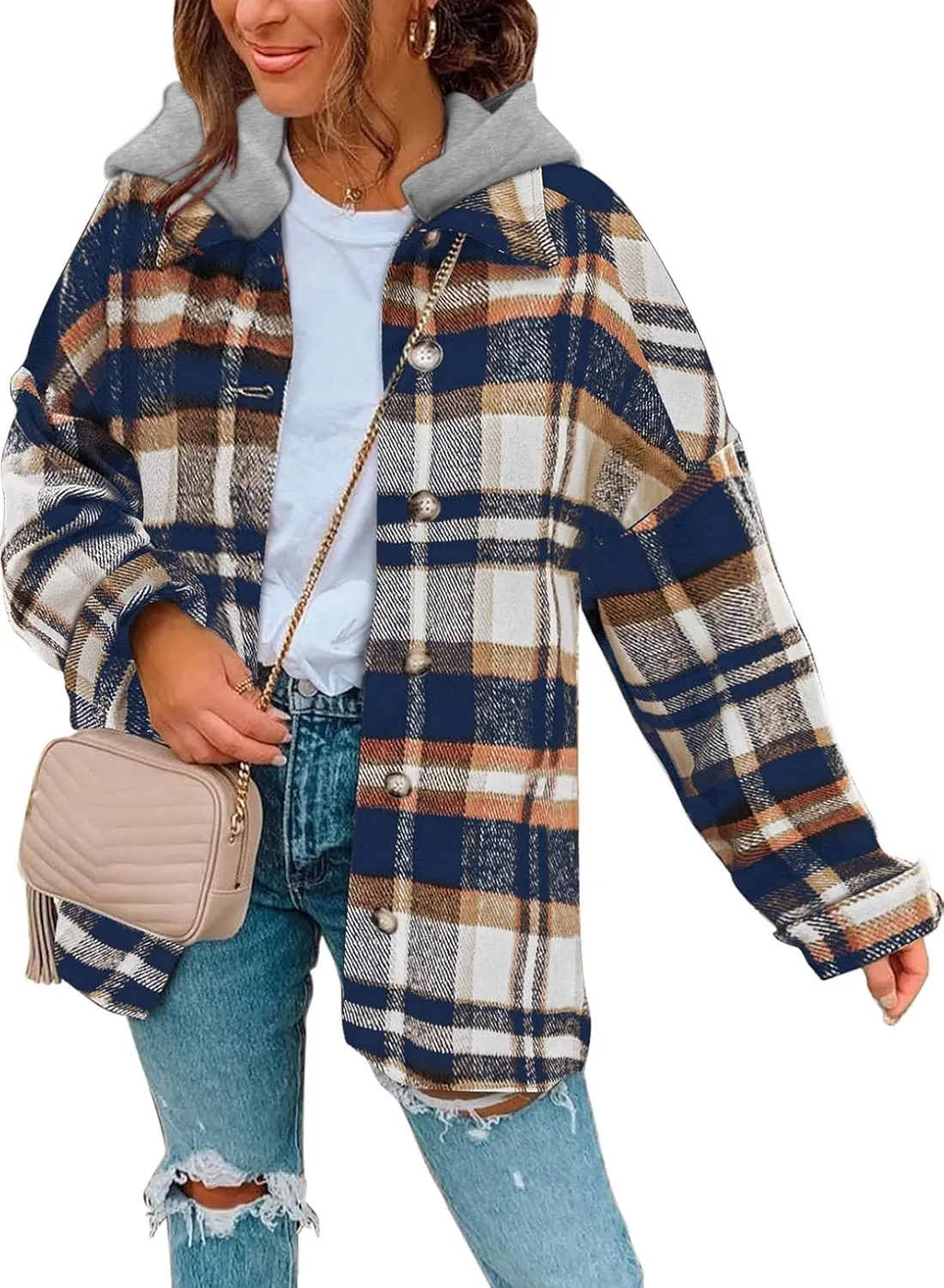 SHEWIN Womens Long Sleeve Button Down Plaid Shirts Flannel Hooded Shacket Jacket Hoodie Coats