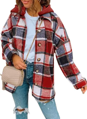 SHEWIN Womens Long Sleeve Button Down Plaid Shirts Flannel Hooded Shacket Jacket Hoodie Coats