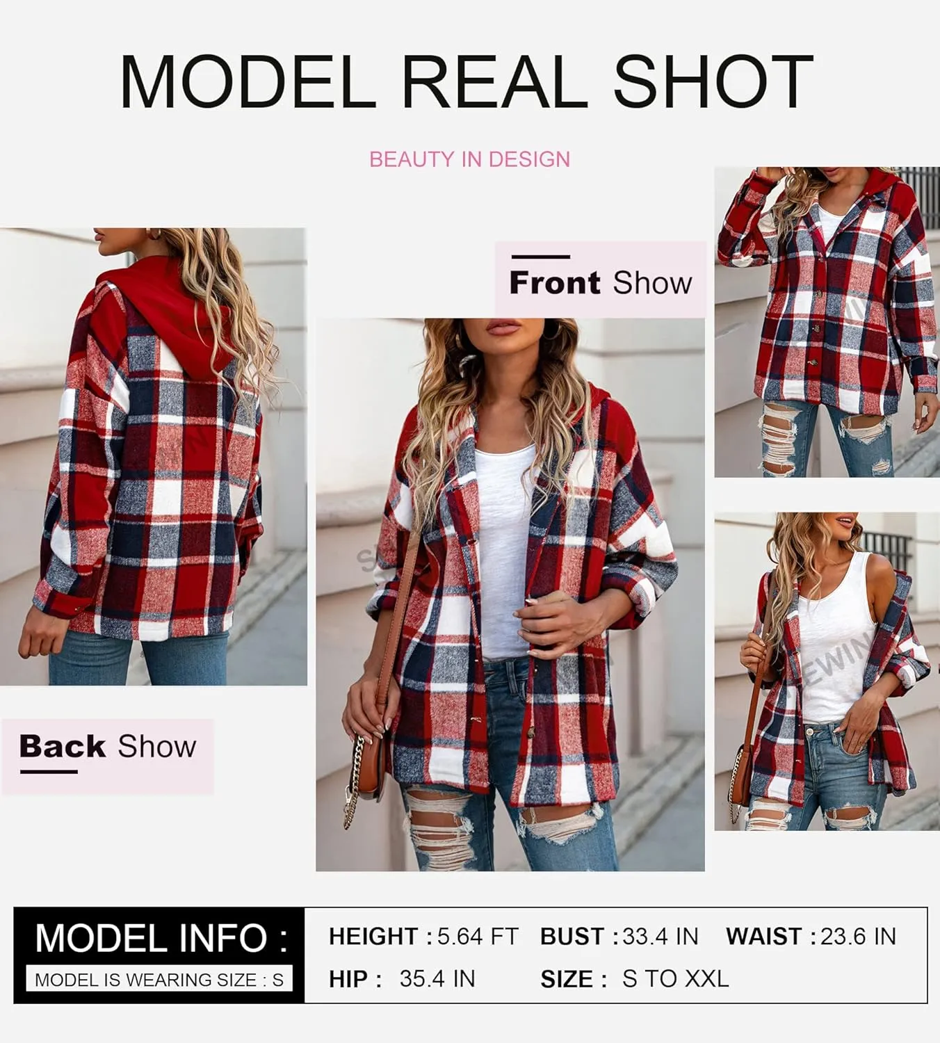 SHEWIN Womens Long Sleeve Button Down Plaid Shirts Flannel Hooded Shacket Jacket Hoodie Coats