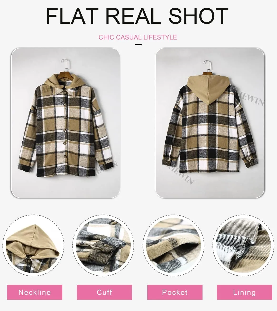 SHEWIN Womens Long Sleeve Button Down Plaid Shirts Flannel Hooded Shacket Jacket Hoodie Coats