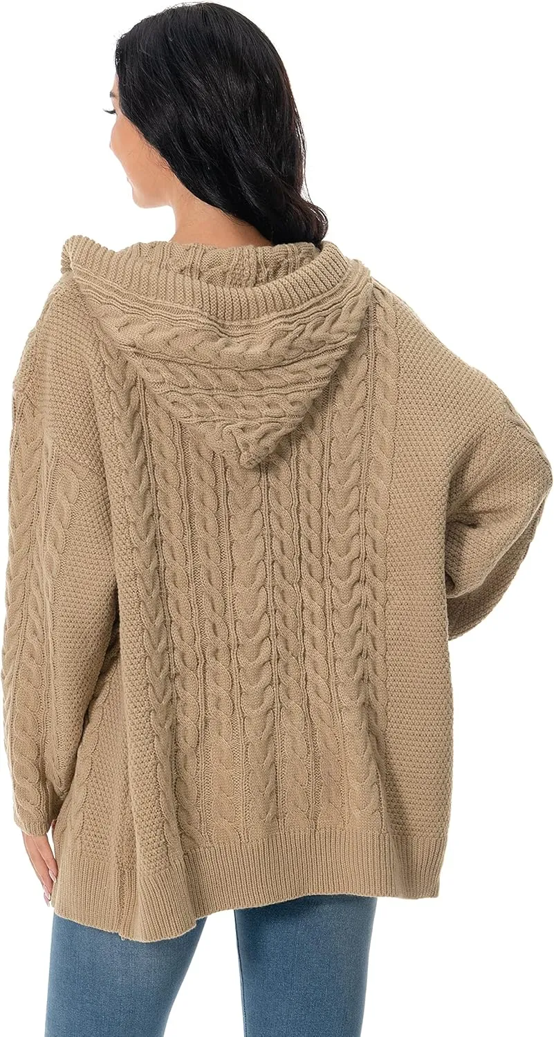 Shineflow Women Hooded Cardigan Oversized Slouchy Zipper Cable Knit Cardigan Coat Solid Color Sweater Casual Knit Knitwear