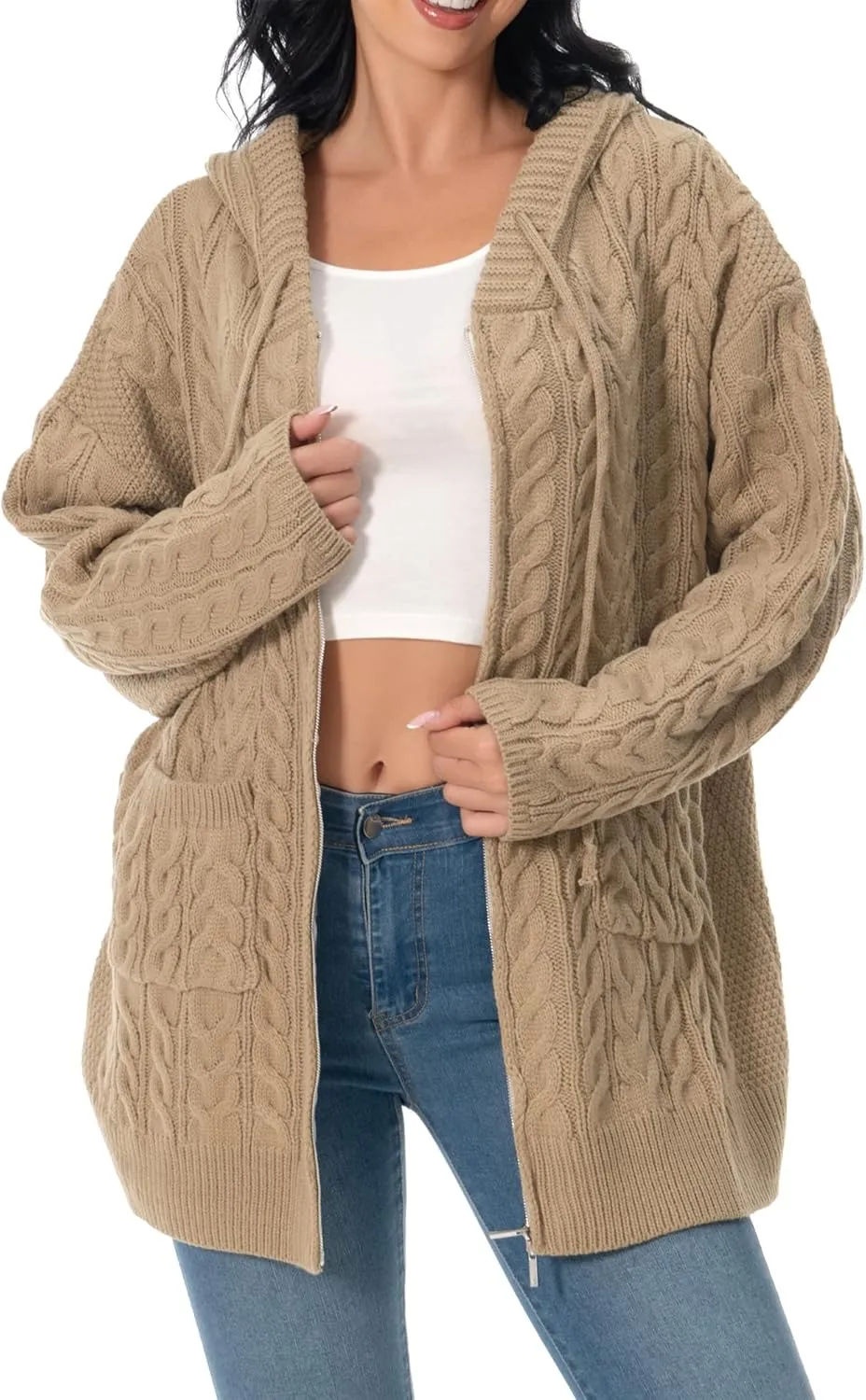 Shineflow Women Hooded Cardigan Oversized Slouchy Zipper Cable Knit Cardigan Coat Solid Color Sweater Casual Knit Knitwear