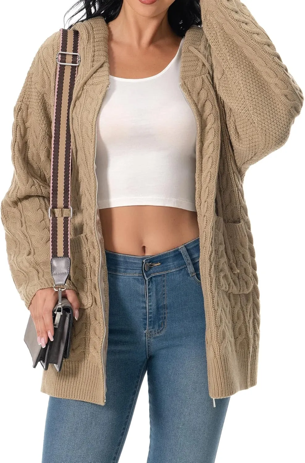Shineflow Women Hooded Cardigan Oversized Slouchy Zipper Cable Knit Cardigan Coat Solid Color Sweater Casual Knit Knitwear