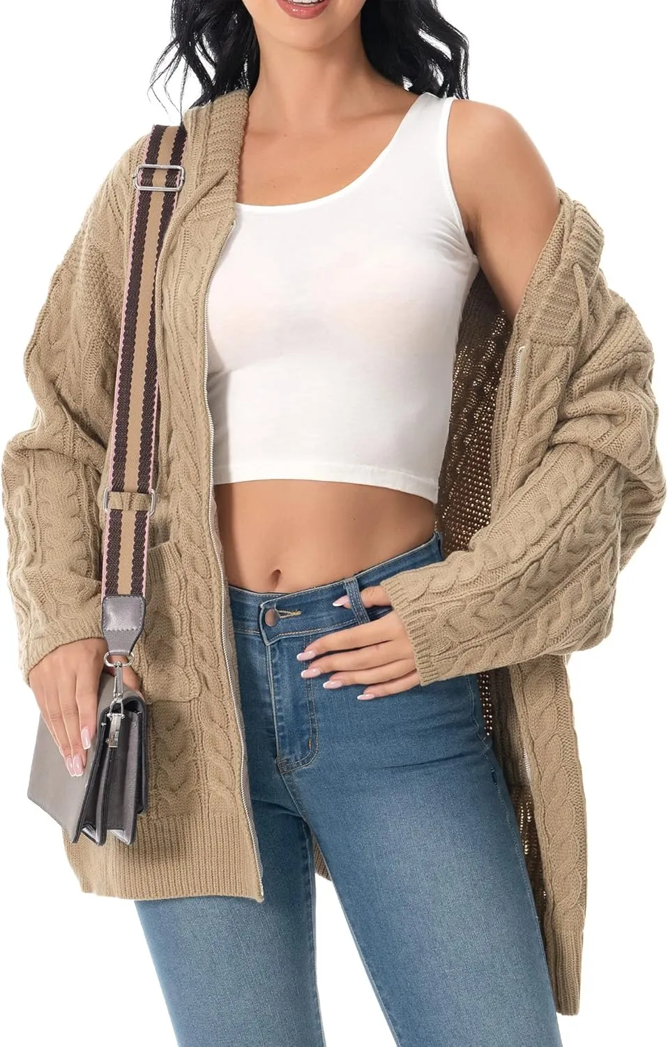 Shineflow Women Hooded Cardigan Oversized Slouchy Zipper Cable Knit Cardigan Coat Solid Color Sweater Casual Knit Knitwear