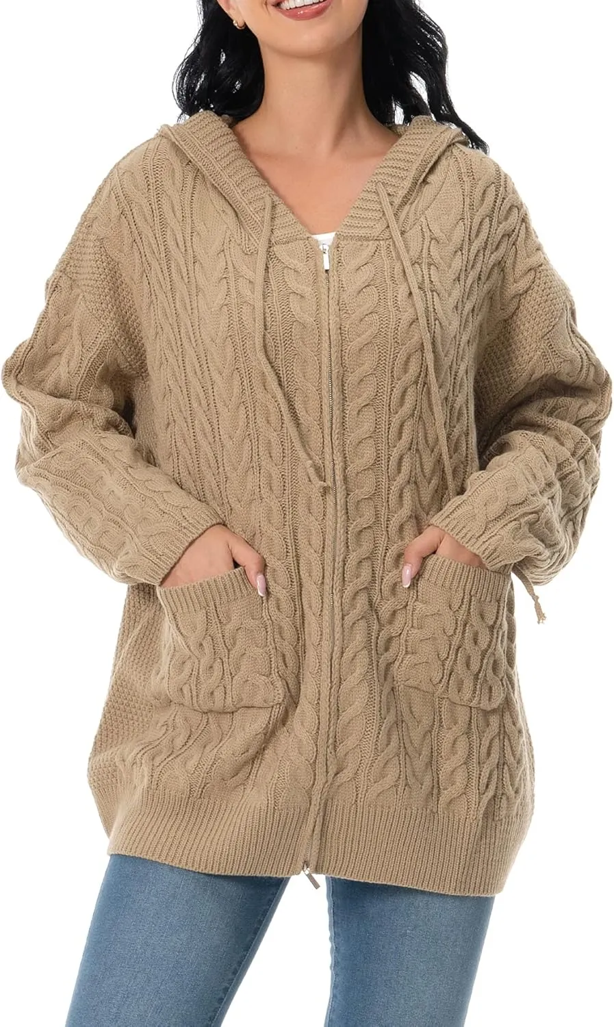 Shineflow Women Hooded Cardigan Oversized Slouchy Zipper Cable Knit Cardigan Coat Solid Color Sweater Casual Knit Knitwear