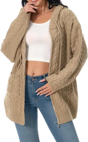 Shineflow Women Hooded Cardigan Oversized Slouchy Zipper Cable Knit Cardigan Coat Solid Color Sweater Casual Knit Knitwear