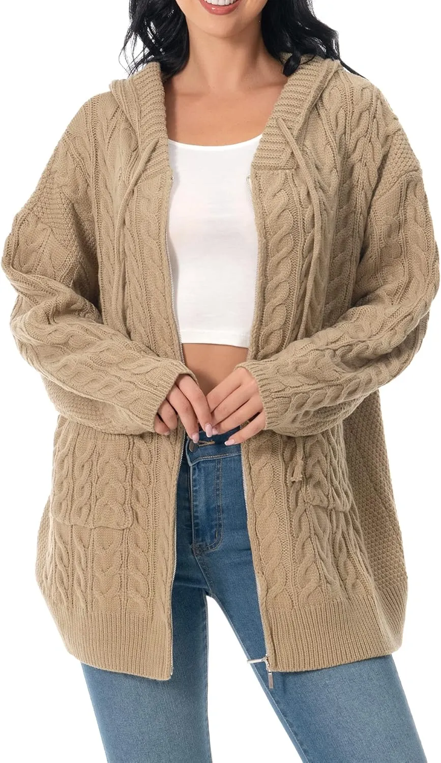 Shineflow Women Hooded Cardigan Oversized Slouchy Zipper Cable Knit Cardigan Coat Solid Color Sweater Casual Knit Knitwear