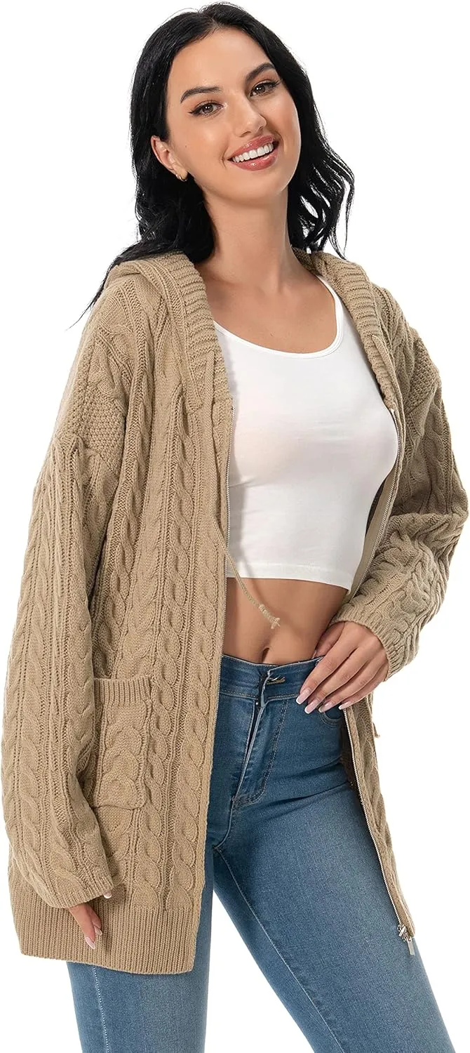 Shineflow Women Hooded Cardigan Oversized Slouchy Zipper Cable Knit Cardigan Coat Solid Color Sweater Casual Knit Knitwear
