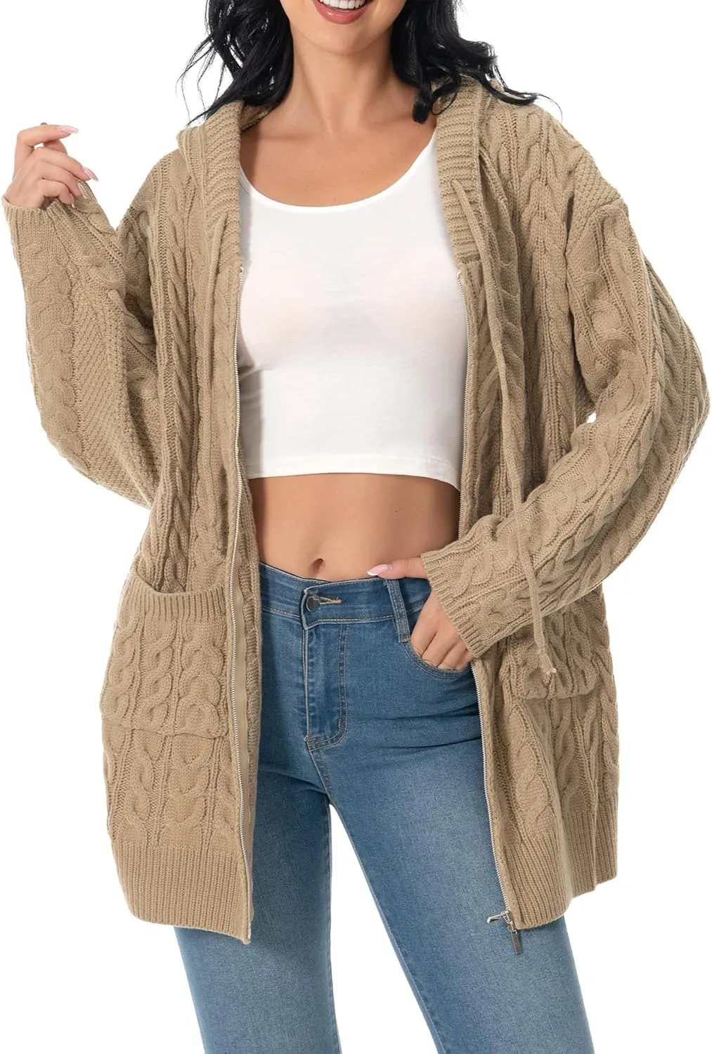 Shineflow Women Hooded Cardigan Oversized Slouchy Zipper Cable Knit Cardigan Coat Solid Color Sweater Casual Knit Knitwear