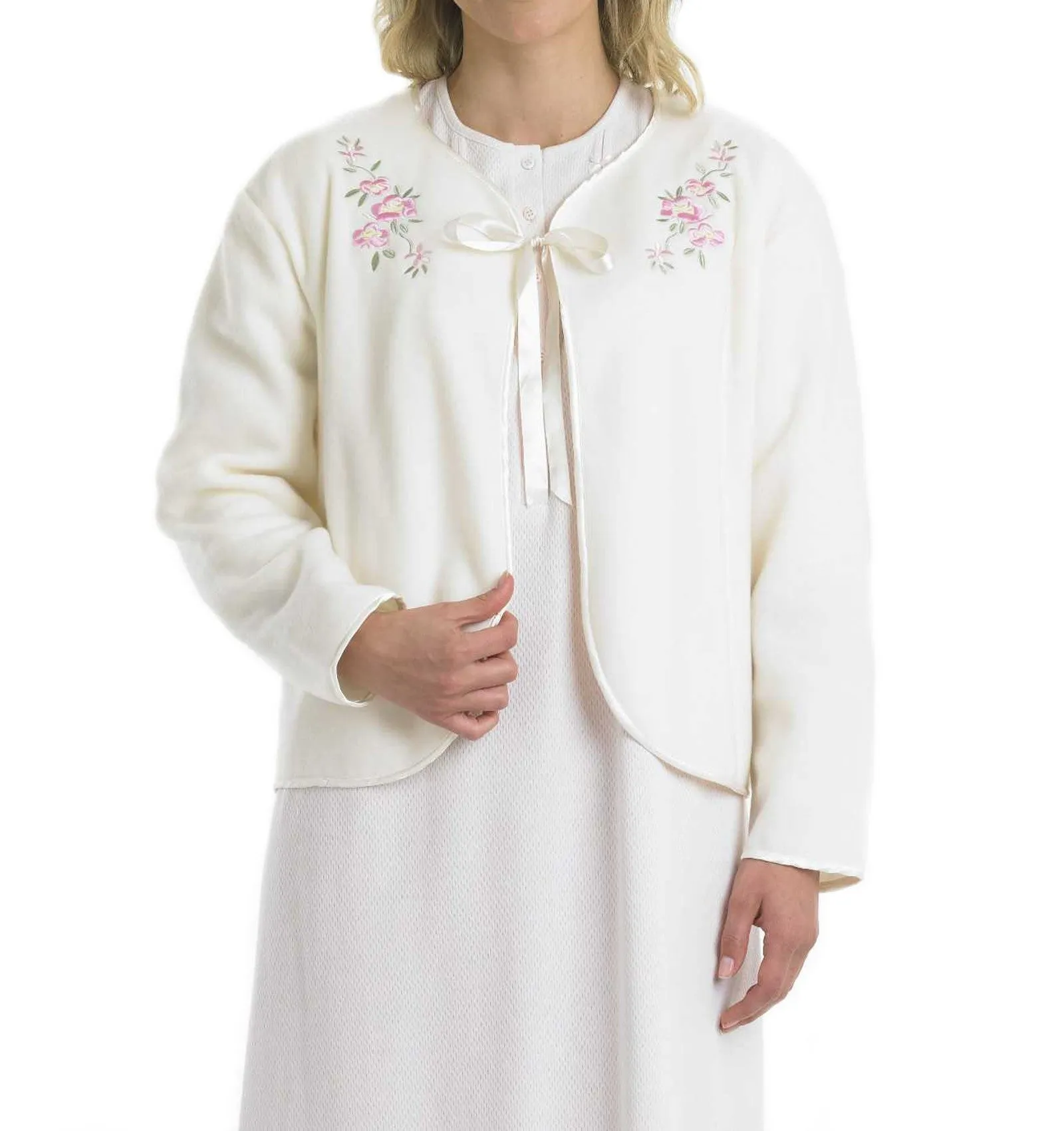 Slenderella Ladies Polar Fleece Floral Ribbon Tie Embroidered Bed Jacket