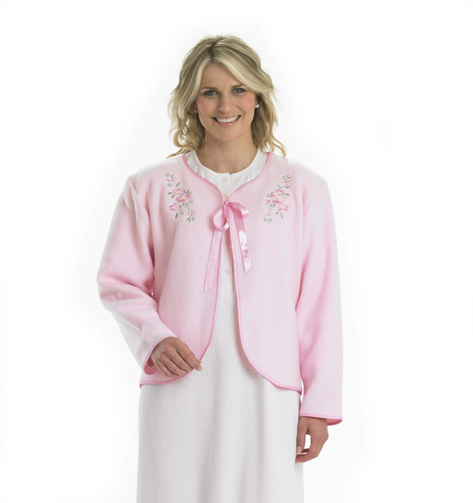Slenderella Ladies Polar Fleece Floral Ribbon Tie Embroidered Bed Jacket
