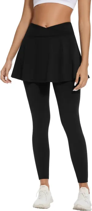 Soneven Tennis Skirted Leggings for Women with Pockets Crossover Ruffle Pleated Golf Skort Active Yoga Leggings with Skirts