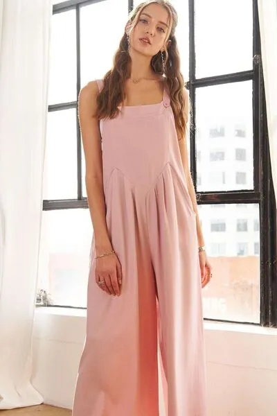 Square Neck Wide Leg Overalls with Pockets