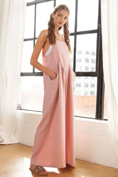 Square Neck Wide Leg Overalls with Pockets