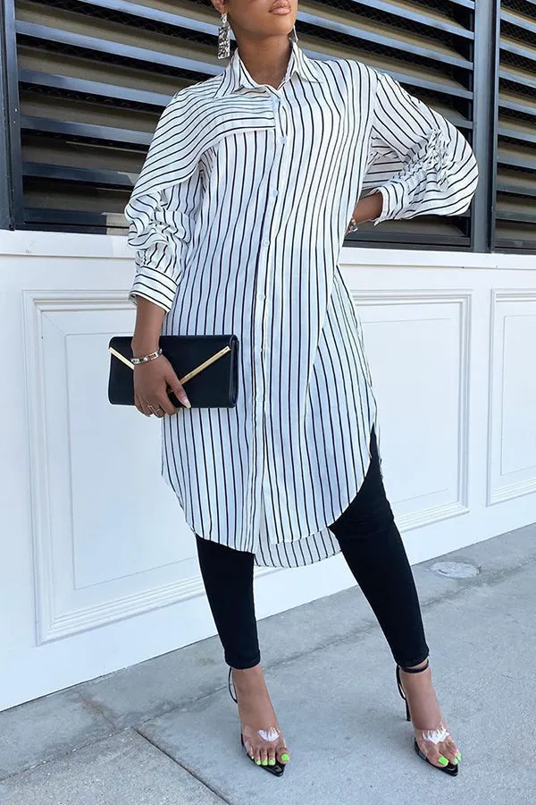 Summer Irregular Striped Lapel Long Shirt