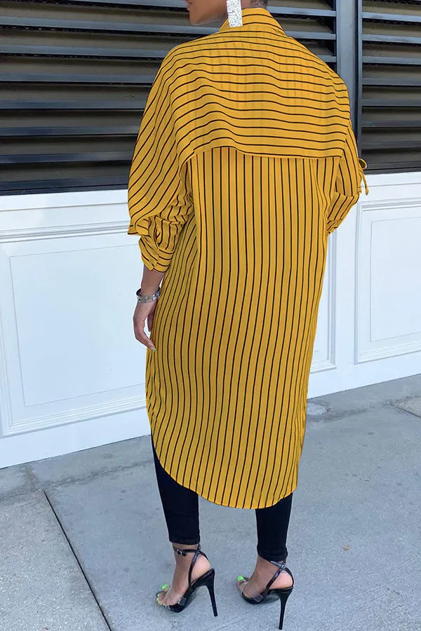 Summer Irregular Striped Lapel Long Shirt