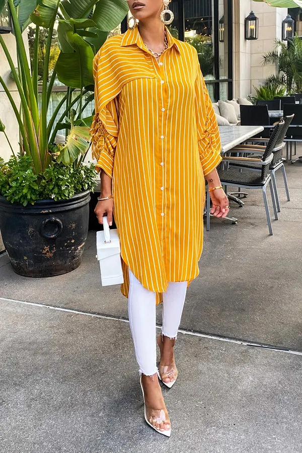 Summer Irregular Striped Lapel Long Shirt