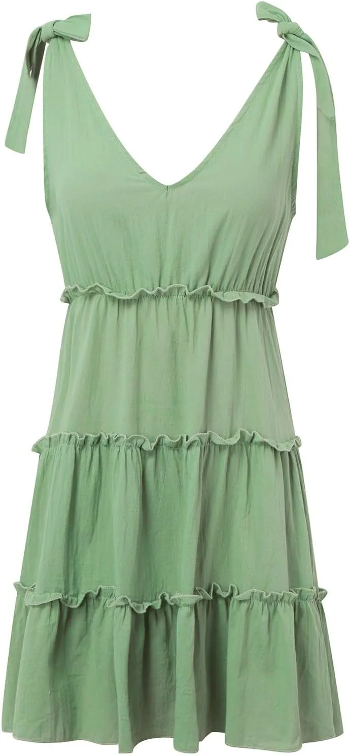 Summer Mini Dresses For Women 2025 Tie Shoulder Sleeveless Loose Fit Sundress Tiered Ruffle Flowy Knee Length Dress
