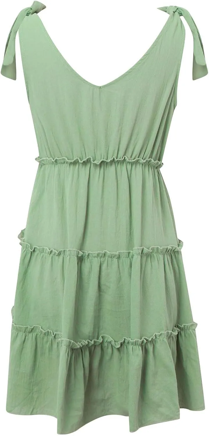 Summer Mini Dresses For Women 2025 Tie Shoulder Sleeveless Loose Fit Sundress Tiered Ruffle Flowy Knee Length Dress