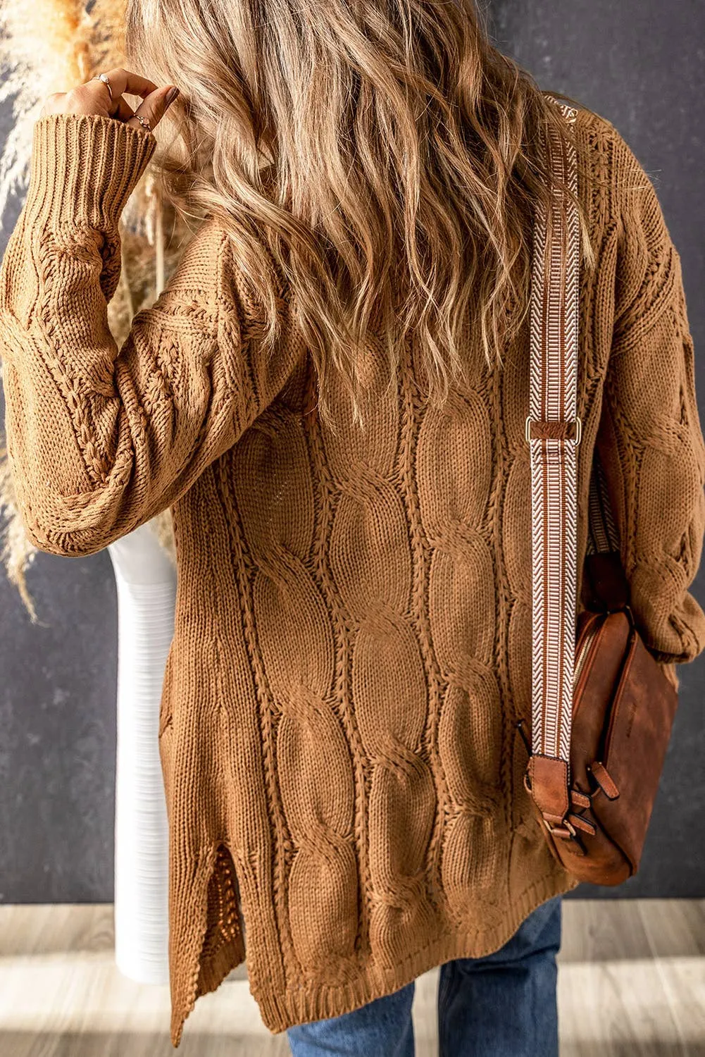 Textured Eyelet Ribbed Cable Knit Cardigan: S / casual / Brown