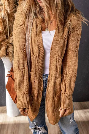 Textured Eyelet Ribbed Cable Knit Cardigan: XL / casual / Brown