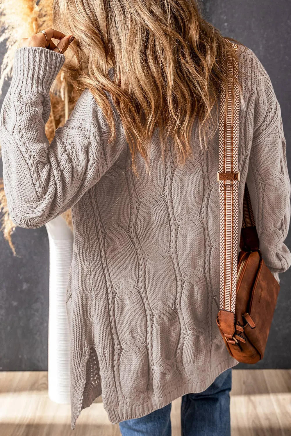Textured Eyelet Ribbed Cable Knit Cardigan: XL / casual / Brown