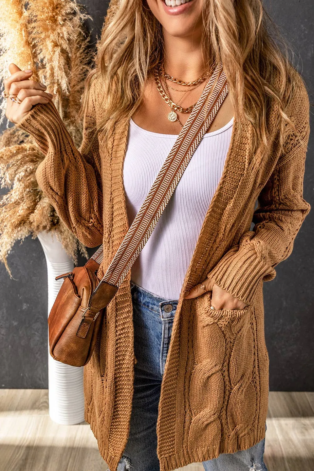 Textured Eyelet Ribbed Cable Knit Cardigan: XL / casual / Brown