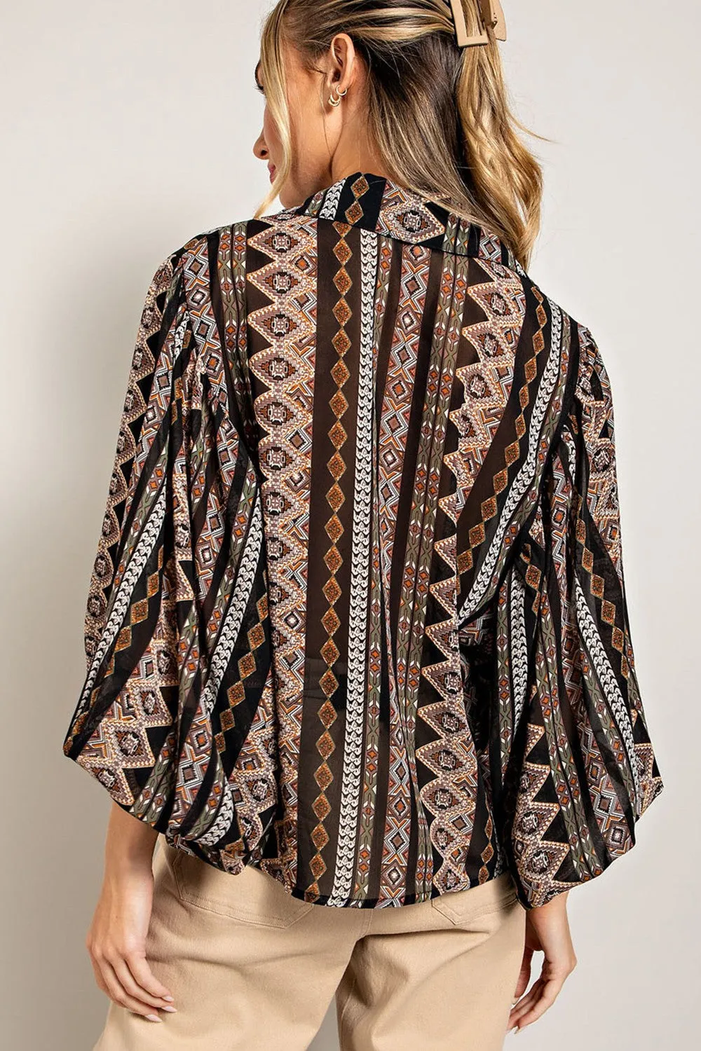 The Savannah Retro Printed Bubble Sleeve Blouse Top - Black
