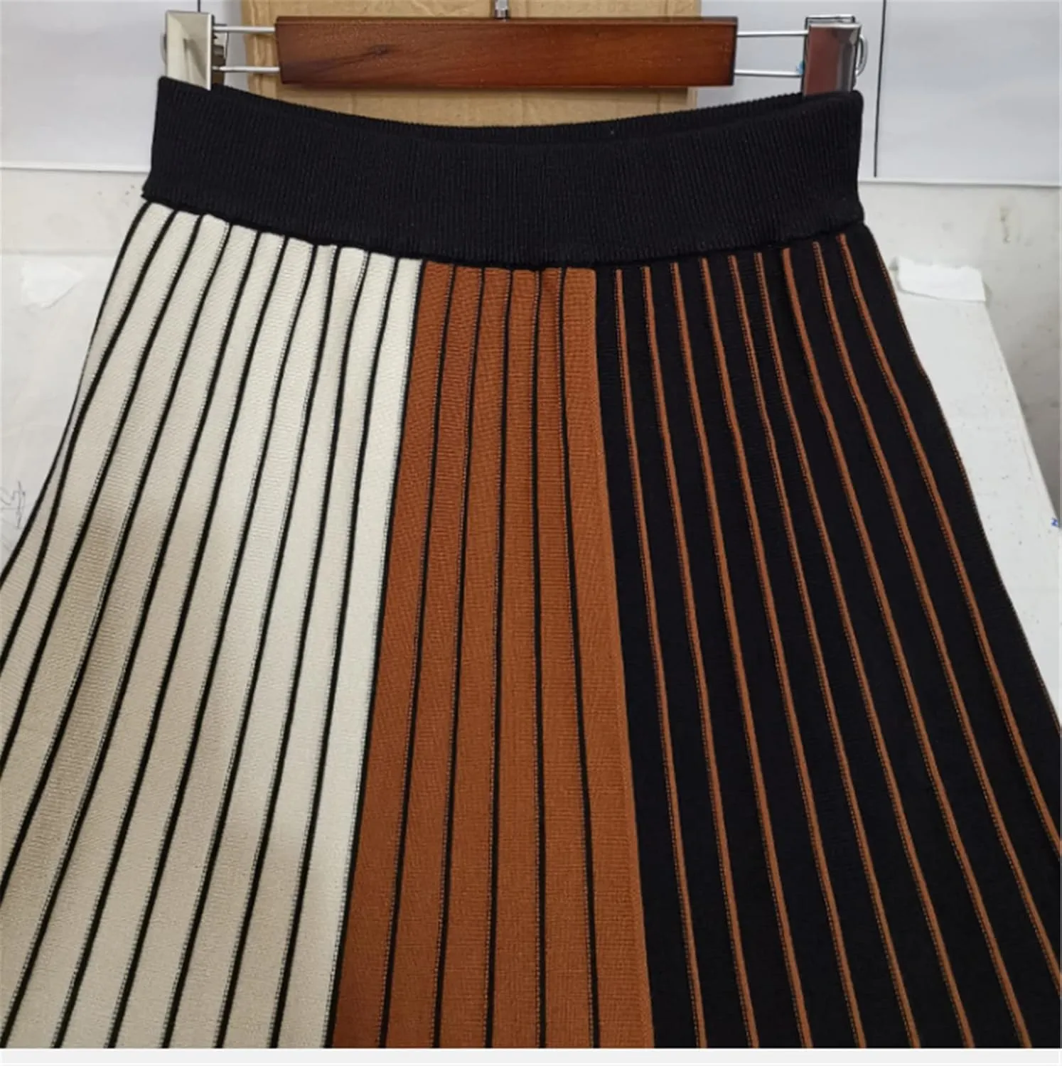 Thick Warm Women Pleated Skirts Elastic High Waist Knitted Sweater Skirts Autumn Winter Midi Stripe Skirt