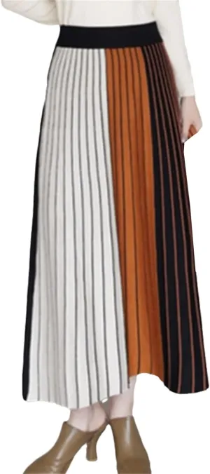 Thick Warm Women Pleated Skirts Elastic High Waist Knitted Sweater Skirts Autumn Winter Midi Stripe Skirt