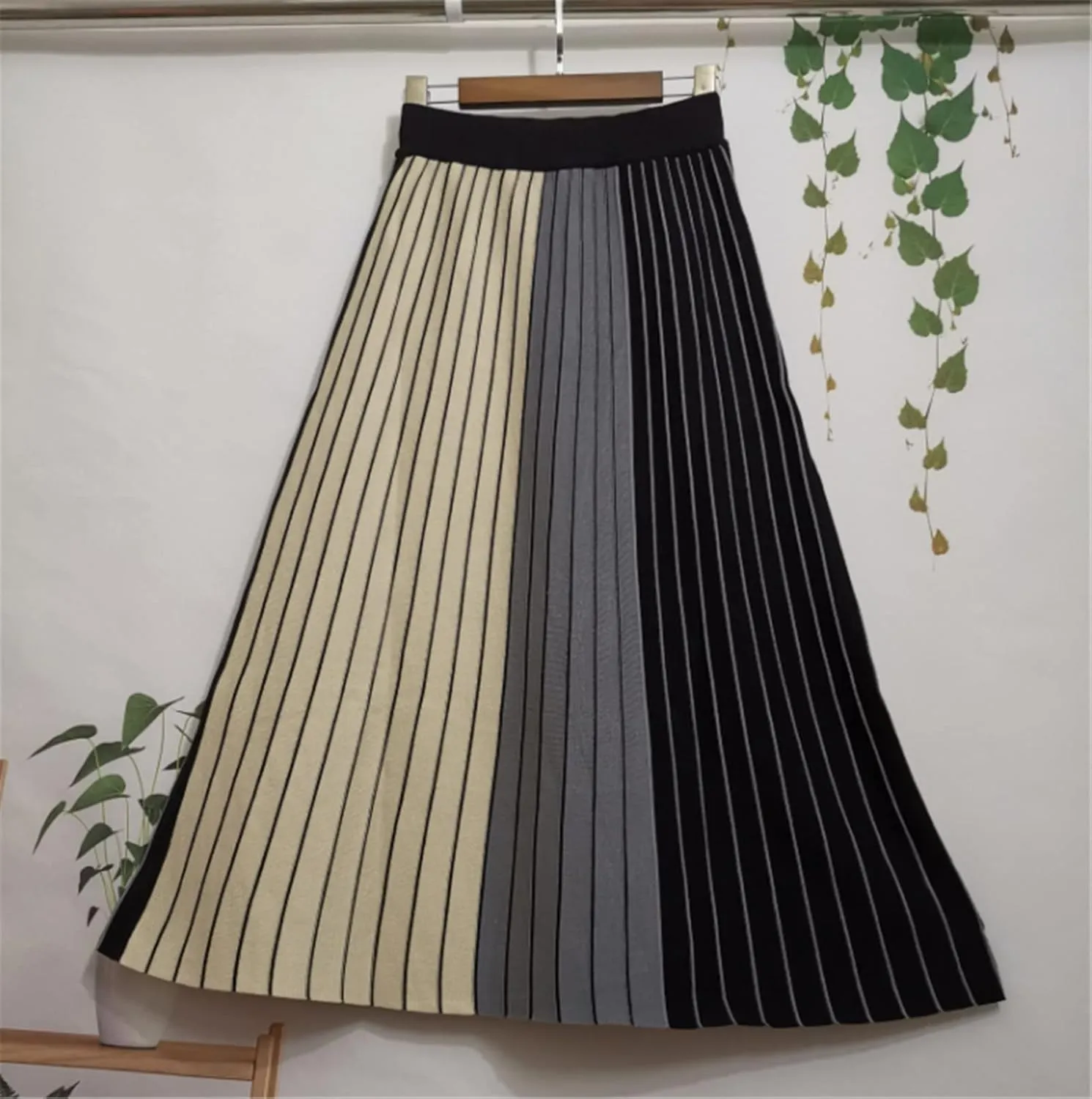 Thick Warm Women Pleated Skirts Elastic High Waist Knitted Sweater Skirts Autumn Winter Midi Stripe Skirt