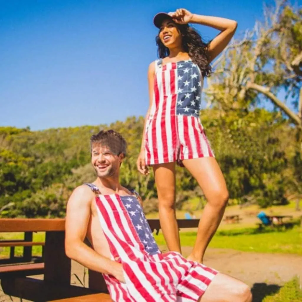 Unisex American Flag Patriotic Overalls, Independence Day Bib Shorts Rompers Jumpsuits Casual Adjustable Outfits