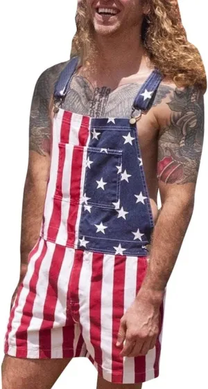 Unisex American Flag Patriotic Overalls, Independence Day Bib Shorts Rompers Jumpsuits Casual Adjustable Outfits