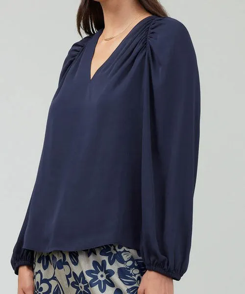 V-Neck Blouse with Pleated Shoulder - Dark Slate Navy - FINAL SALE