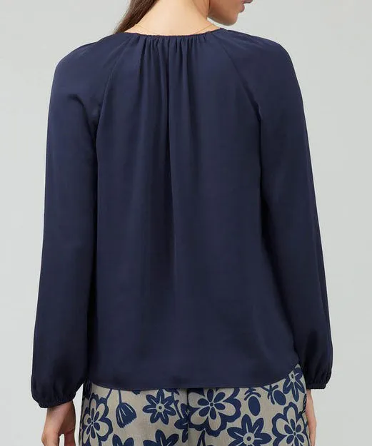 V-Neck Blouse with Pleated Shoulder - Dark Slate Navy - FINAL SALE