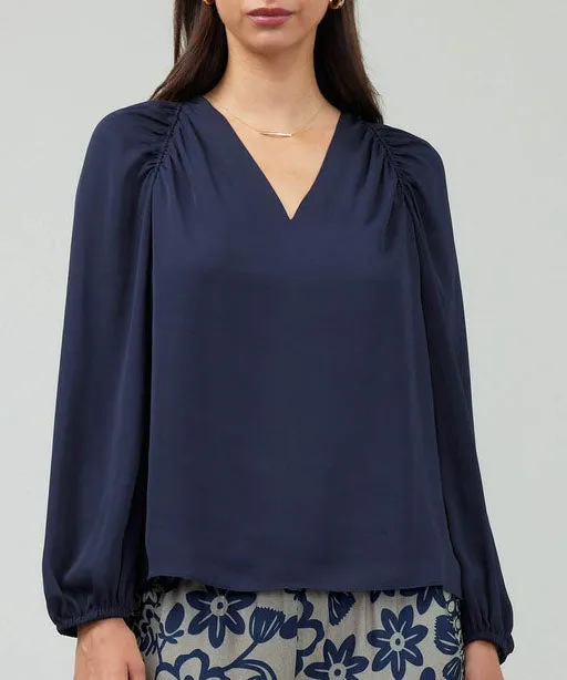 V-Neck Blouse with Pleated Shoulder - Dark Slate Navy - FINAL SALE