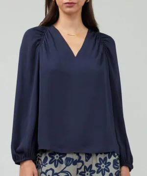 V-Neck Blouse with Pleated Shoulder - Dark Slate Navy - FINAL SALE