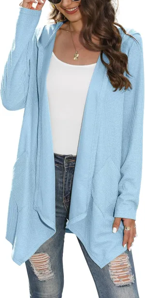 VIISHOW Womens Lightweight Casual Hoodie Cardigans Open Front Waffle Knit Long Sleeve Outwear Coat with Pockets