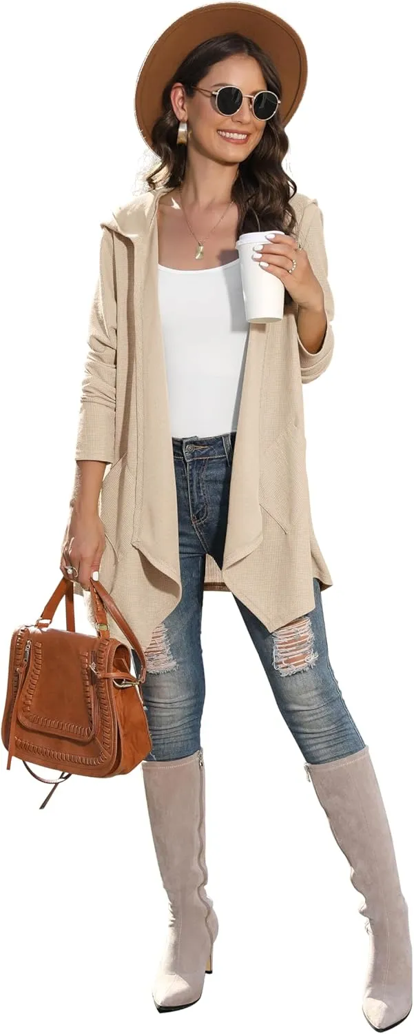 VIISHOW Womens Lightweight Casual Hoodie Cardigans Open Front Waffle Knit Long Sleeve Outwear Coat with Pockets