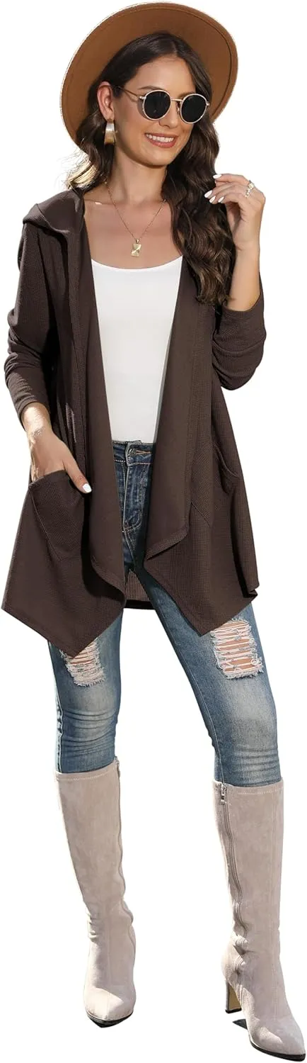 VIISHOW Womens Lightweight Casual Hoodie Cardigans Open Front Waffle Knit Long Sleeve Outwear Coat with Pockets
