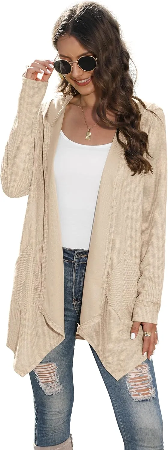 VIISHOW Womens Lightweight Casual Hoodie Cardigans Open Front Waffle Knit Long Sleeve Outwear Coat with Pockets