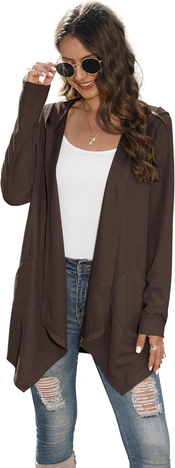 VIISHOW Womens Lightweight Casual Hoodie Cardigans Open Front Waffle Knit Long Sleeve Outwear Coat with Pockets