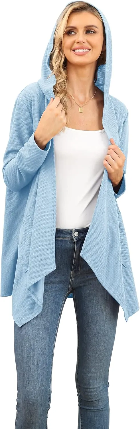 VIISHOW Womens Lightweight Casual Hoodie Cardigans Open Front Waffle Knit Long Sleeve Outwear Coat with Pockets